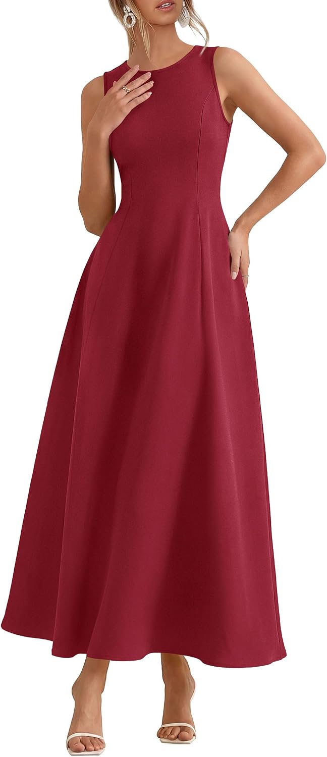 Sleeveless maxi tank dress with flared A-line skirt and pockets
