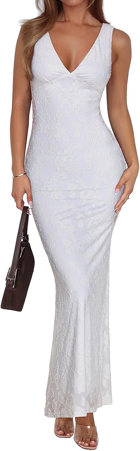 Sleeveless V-neck maxi dress with sheer mesh overlay and fitted silhouette
