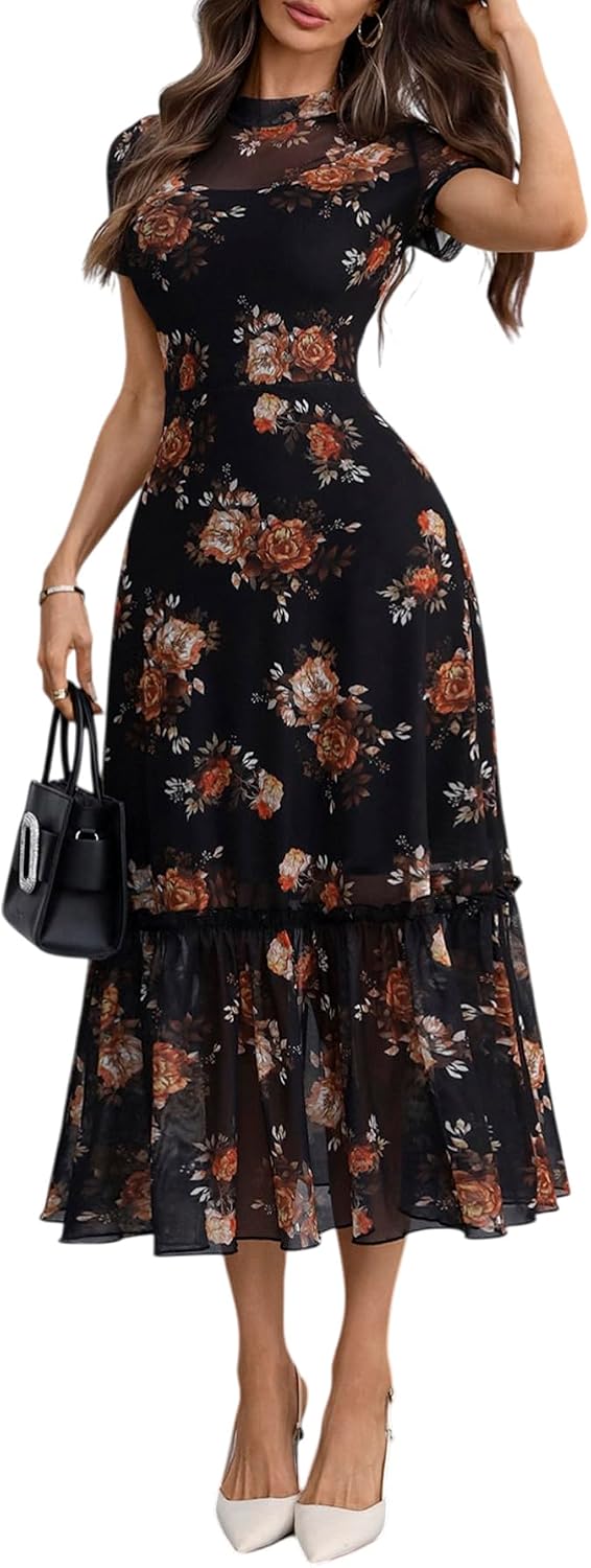 Floral mesh maxi dress with ruffle detail