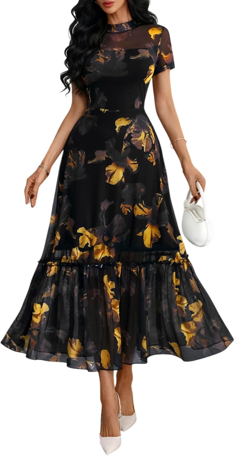 Floral mesh maxi dress with ruffle detail
