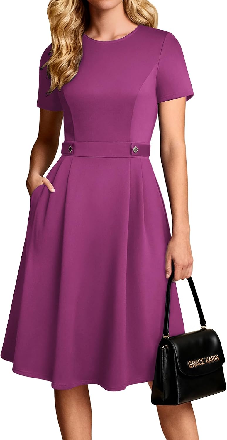 A-line midi dress with short sleeves and side pockets