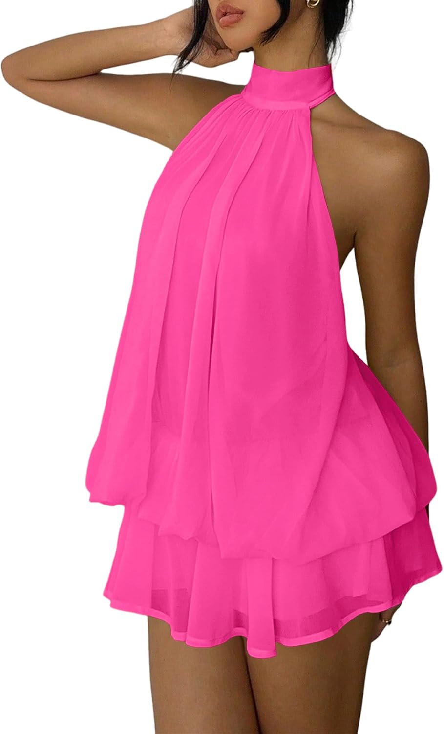 Fhykiss Women's Chiffon Halter Drop Waist Mini Dress Wedding Guest Dresses Ruffle Formal Holiday Club Brunch Outfits