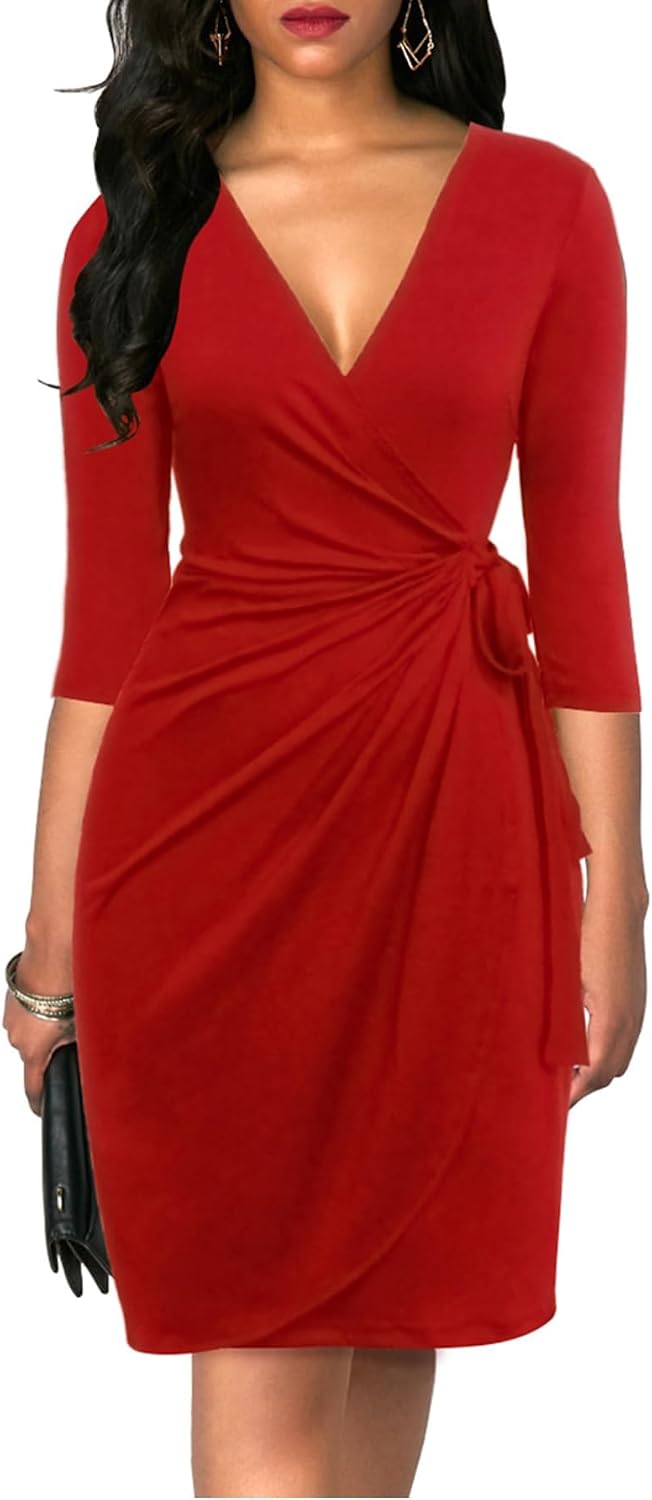 Faux wrap midi dress with V-neck, 3/4 sleeves, and ruched sheath silhouette