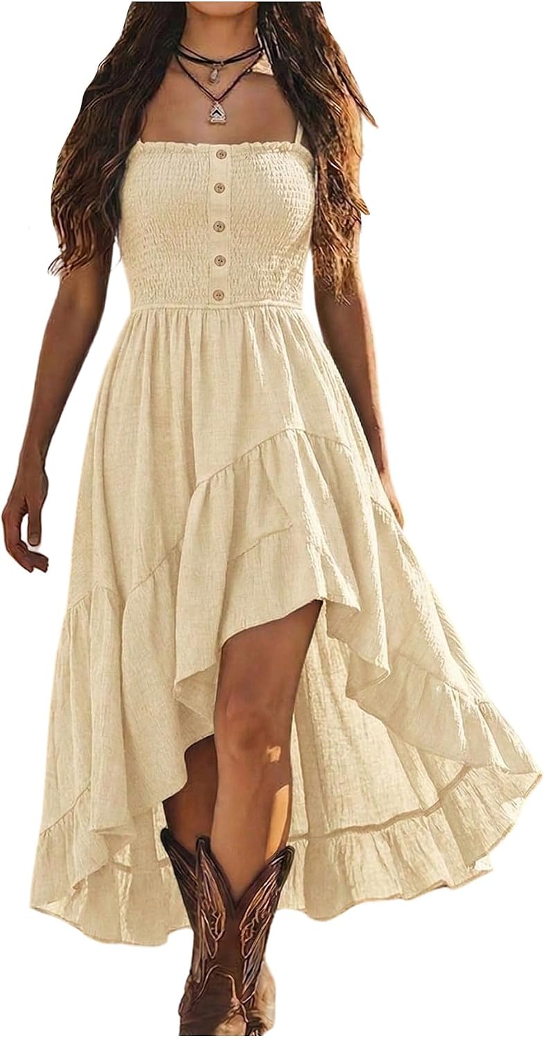 BEAUDRM Women's Western Long Dress Flowy Ruffle Boho Cowgirl Cami Dresses | Country Concert Outfit, Vacation Cowgirl Dress, High Low Hem, Vintage, Flowy, Sleeveless