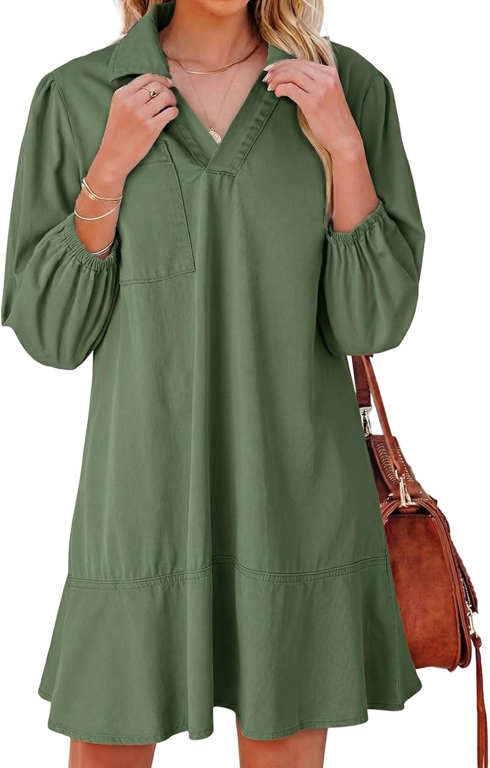 Denim babydoll dress with puff sleeves, V-neck, and mini length