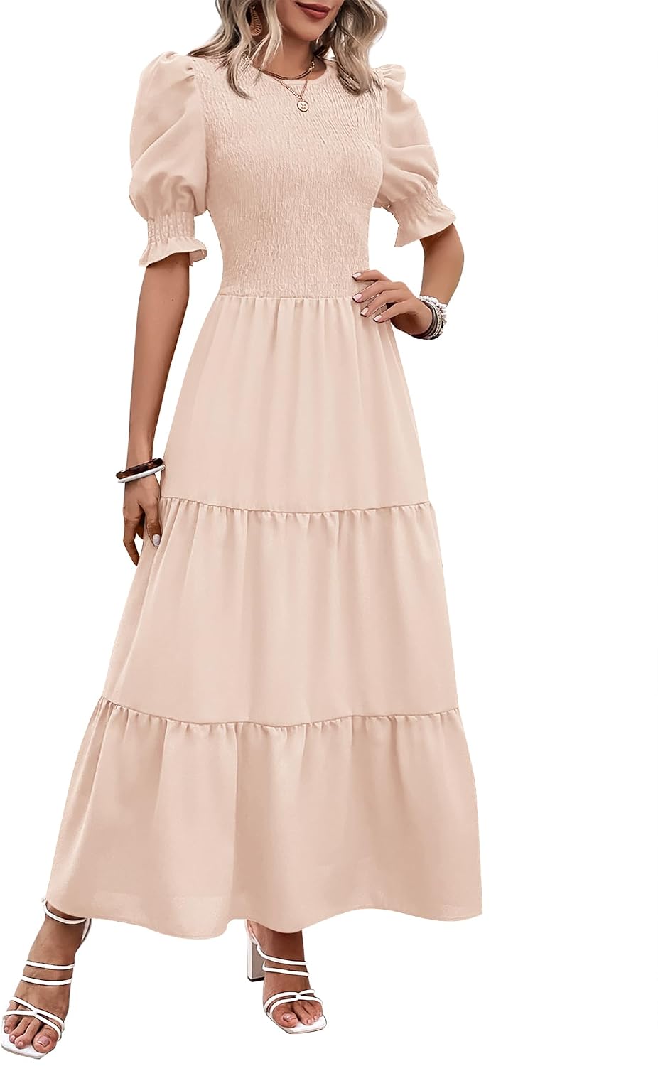 Smocked maxi dress with puff sleeves and tiered skirt