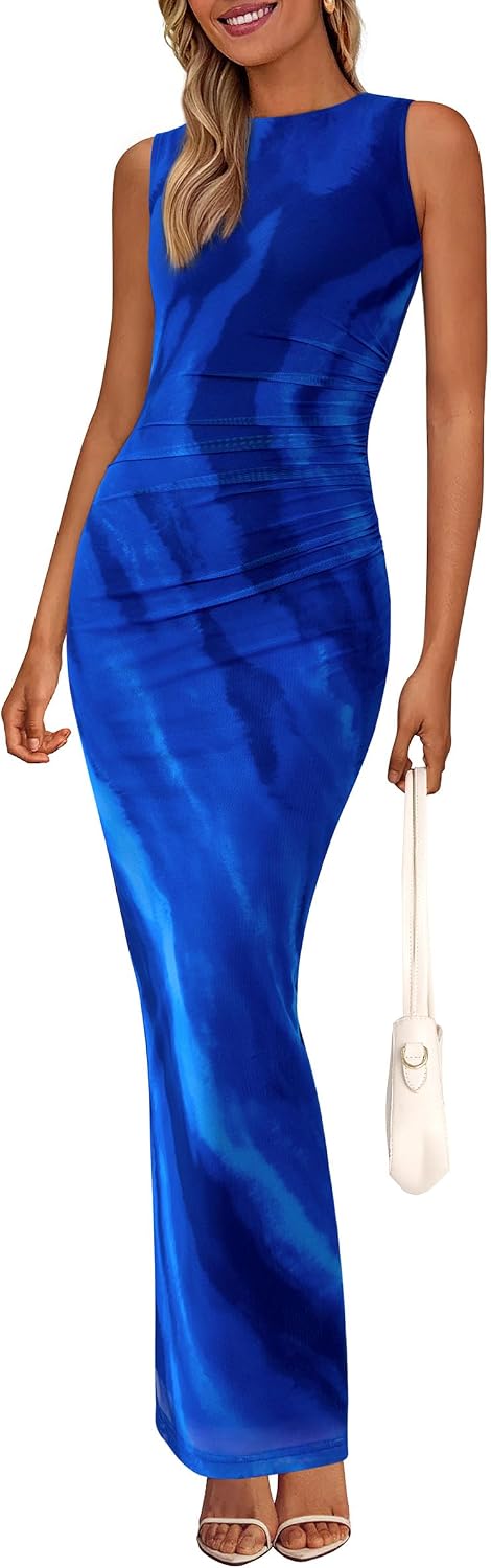 Floral mesh maxi dress with sleeveless design and ruched bodycon detailing