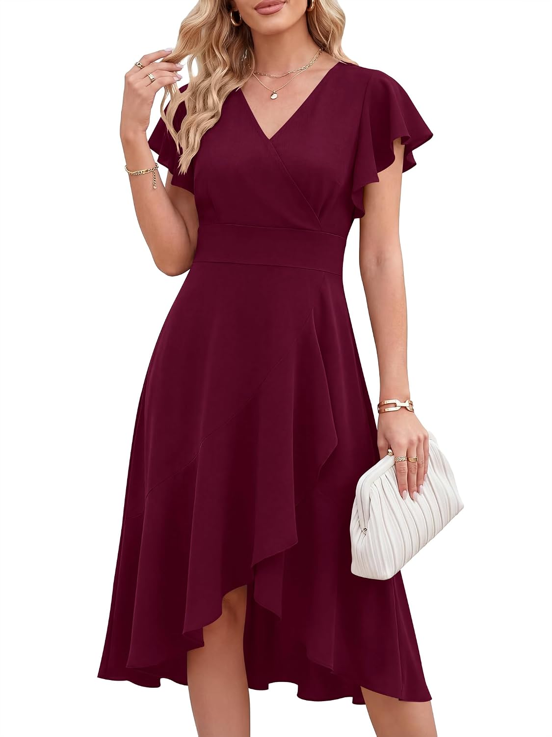 ANRABESS Womens Fall Wedding Guest Cocktail Semi Formal Wrap Midi Dresses | High-Low Ruffle Hem, V Neck A Line Flutter Sleeve, Elegant Classy, Ideal for Homecoming Prom, Evening Party