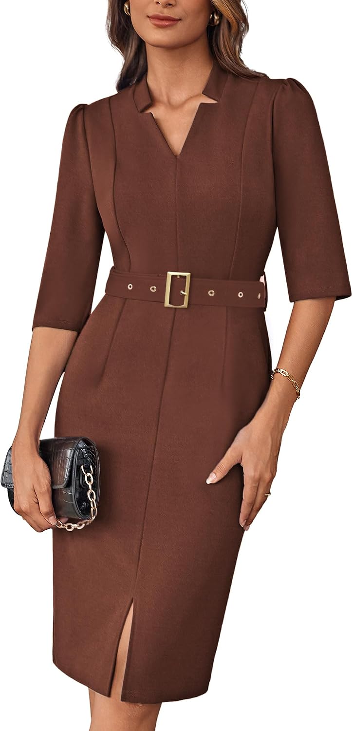 Model posing in office sheath dress