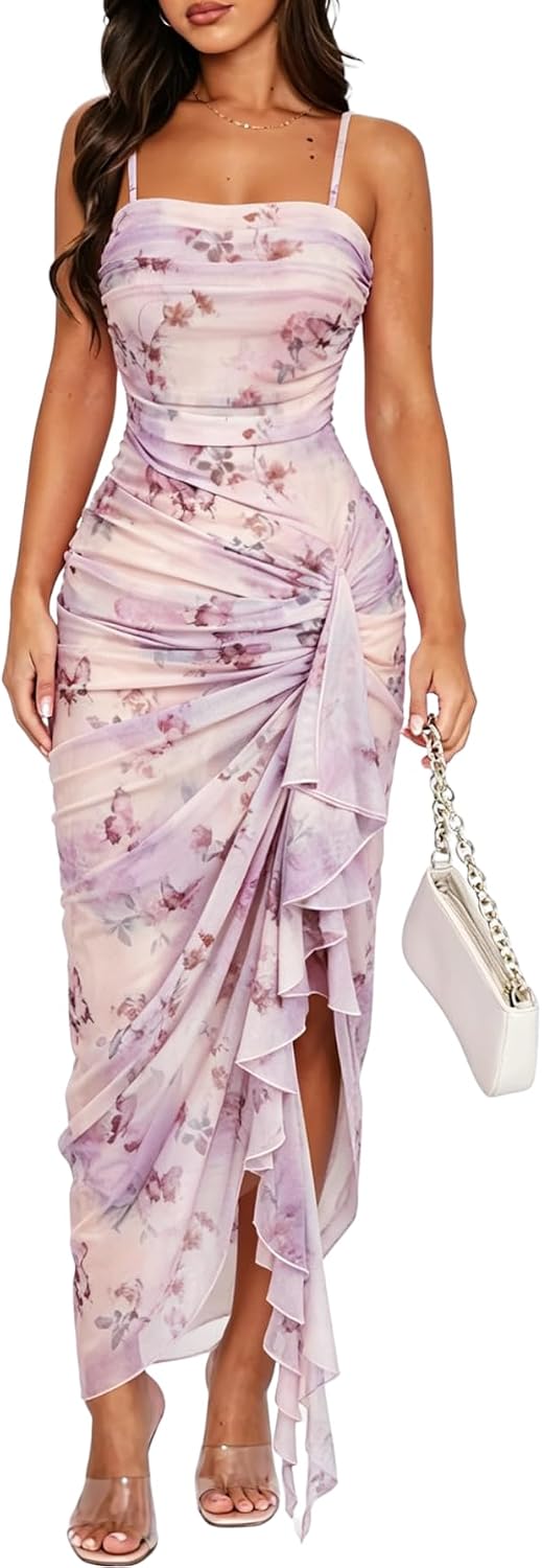 Floral mesh bodycon midi dress with high slit and ruched detailing