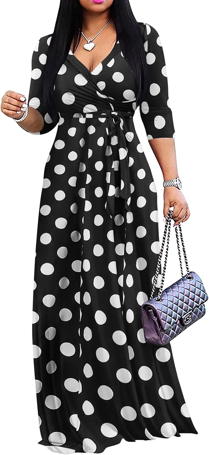 Wrap-style maxi dress with V-neck, 3/4 sleeves, and side pockets