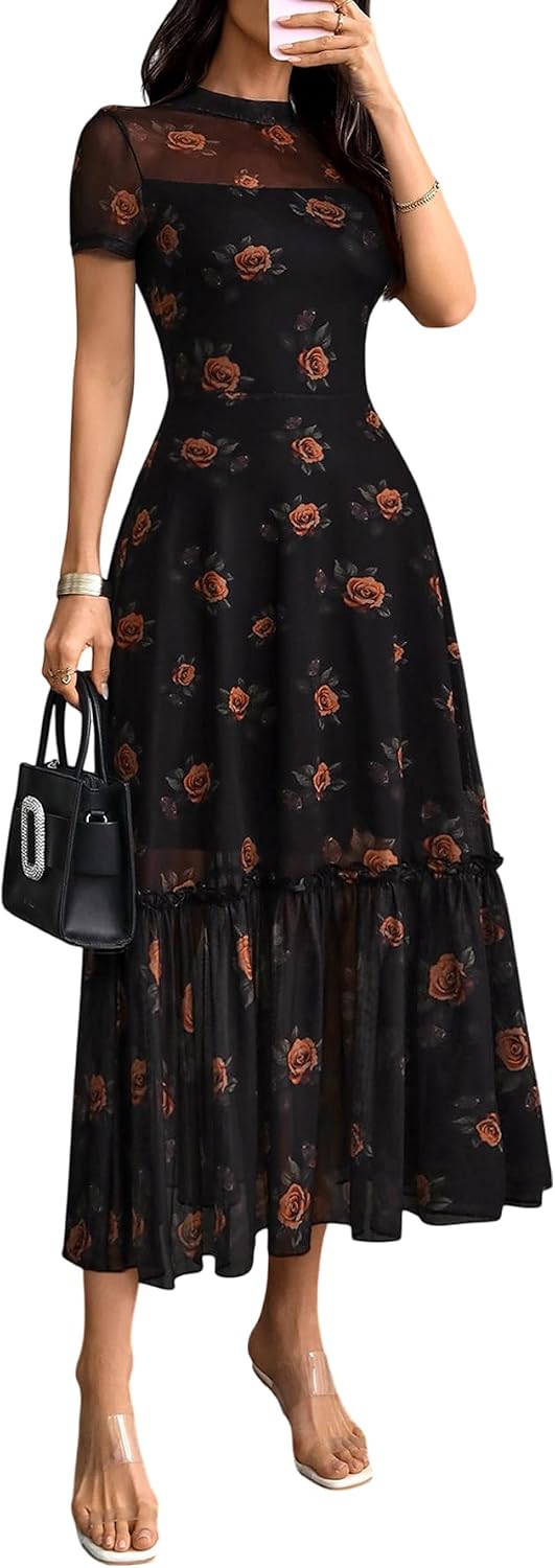 Floral mesh maxi dress with ruffle detail