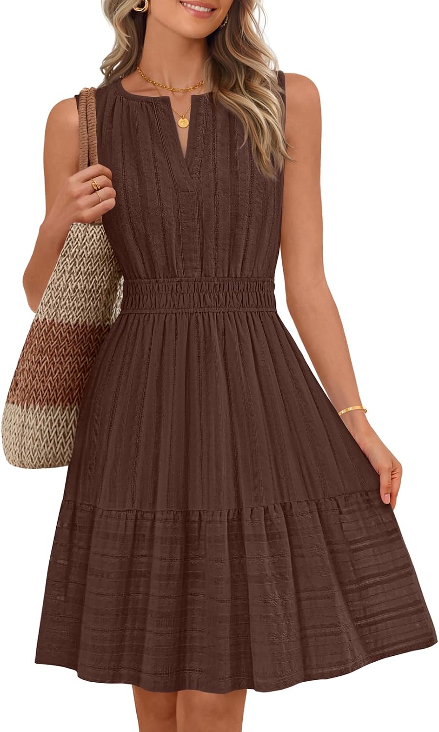 Sleeveless V-neck mini sundress with ruffle hem and elastic waist