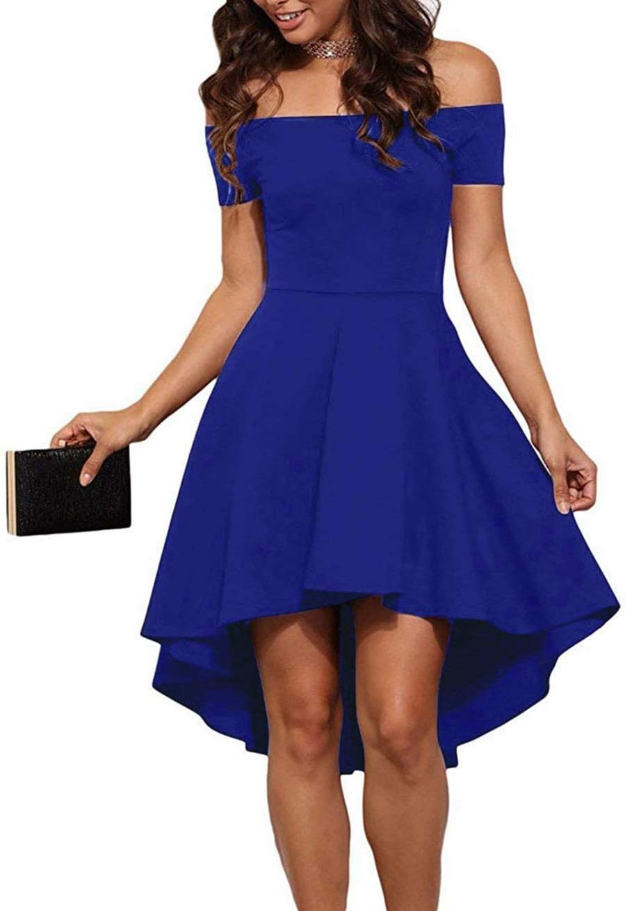 Off-the-shoulder skater dress with short sleeves and high-low hem
