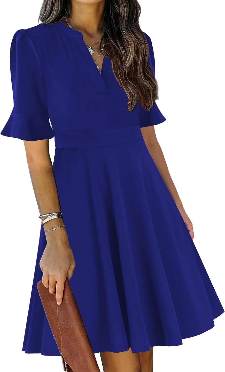 Ruffle sleeve fit-and-flare dress with V-neck and knee-length hem