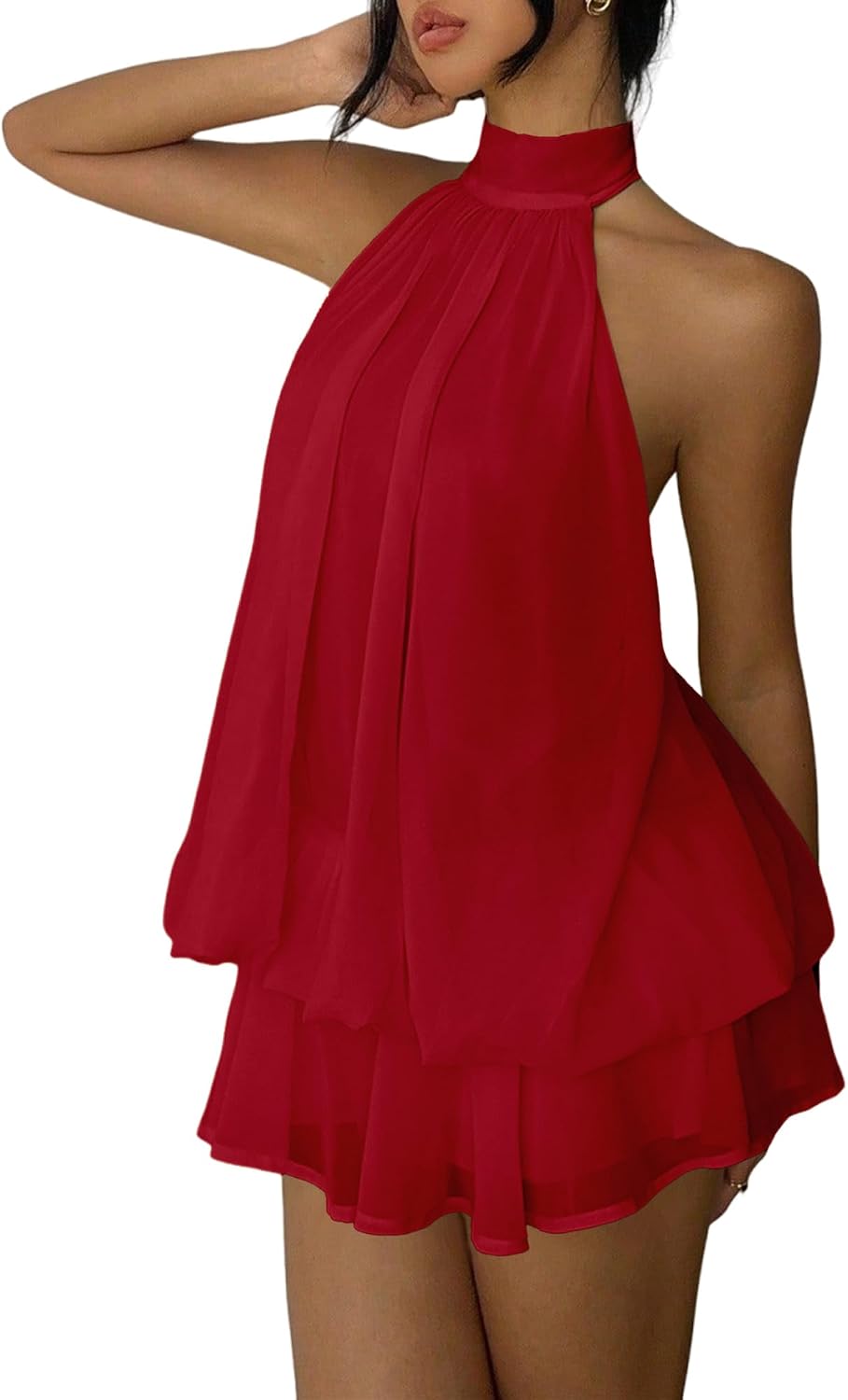 Chiffon halter mini dress with drop waist and ruffle detail