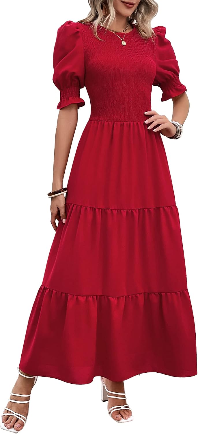Smocked maxi dress with puff sleeves and tiered skirt