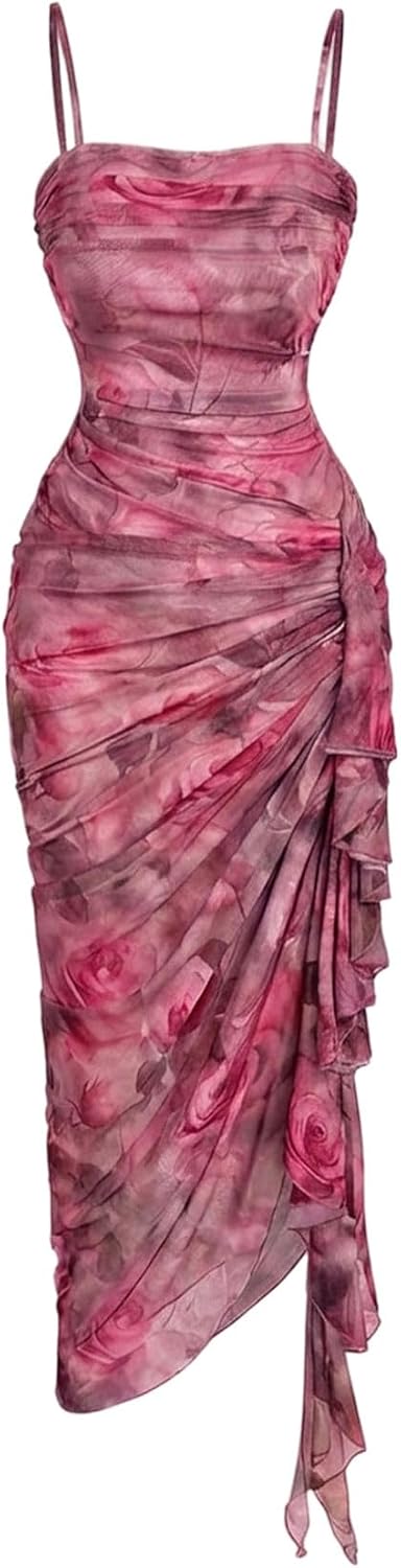 Floral mesh bodycon midi dress with high slit and ruched detailing