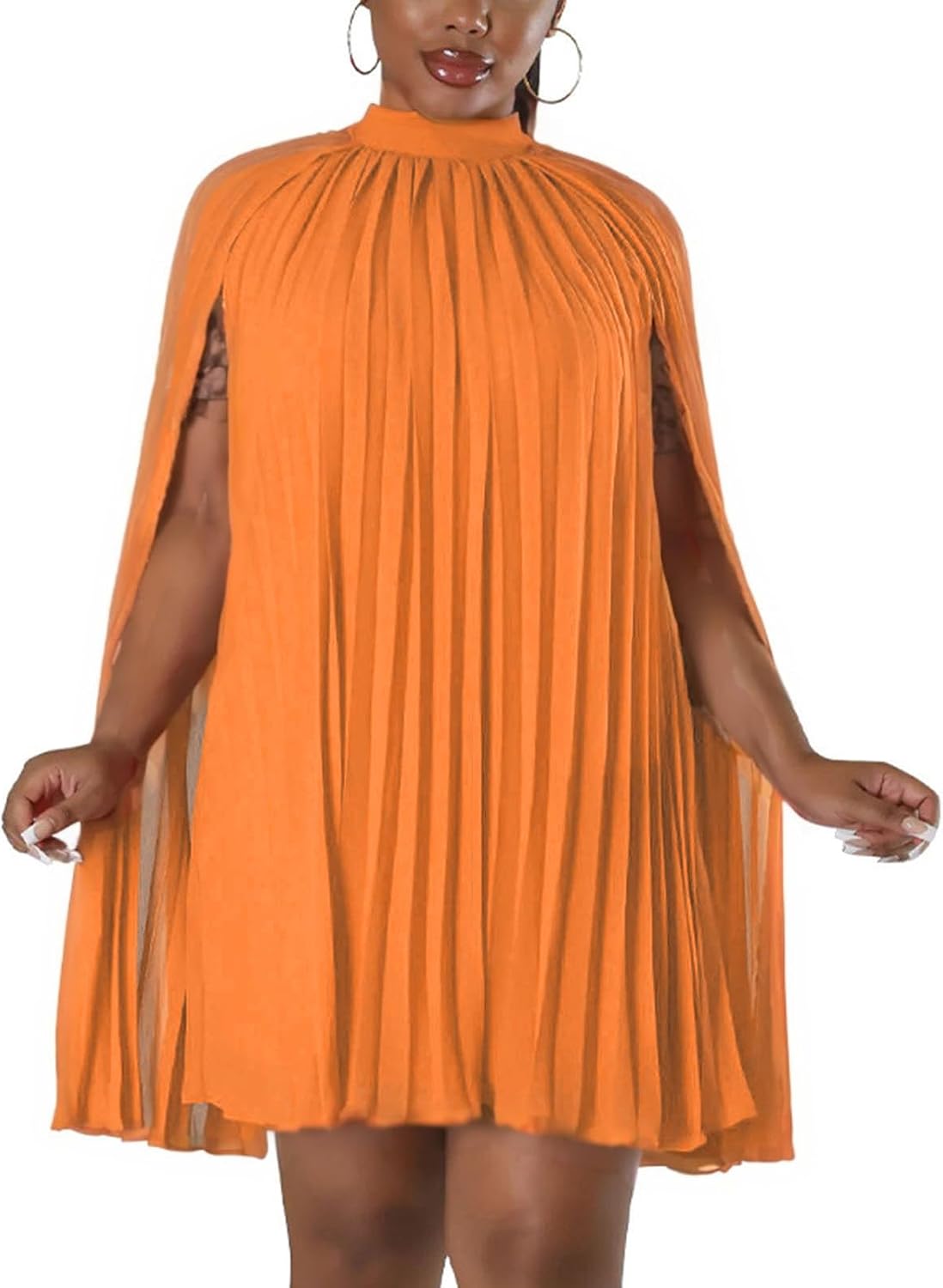Three-quarter view of mock neck dress
