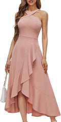 Halter hi-lo maxi dress with ruffled skirt for formal occasions