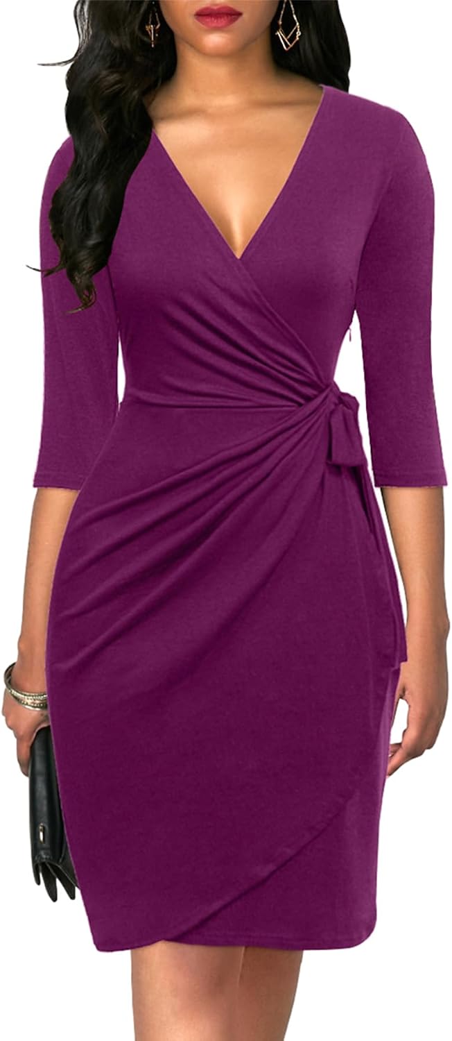 Faux wrap midi dress with V-neck, 3/4 sleeves, and ruched sheath silhouette
