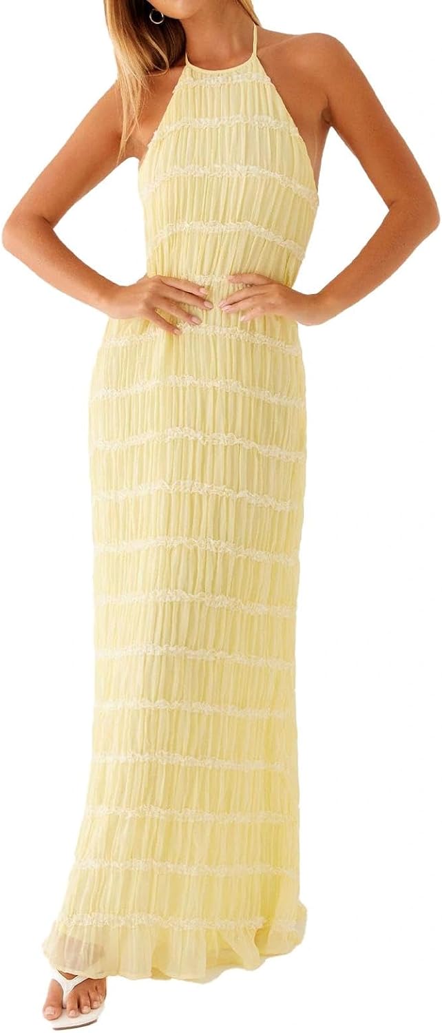 ABYOVRT Women Backless Dress Sleeveless Textured Halter Open Back Maxi Dresses Vacation Wedding Guest
