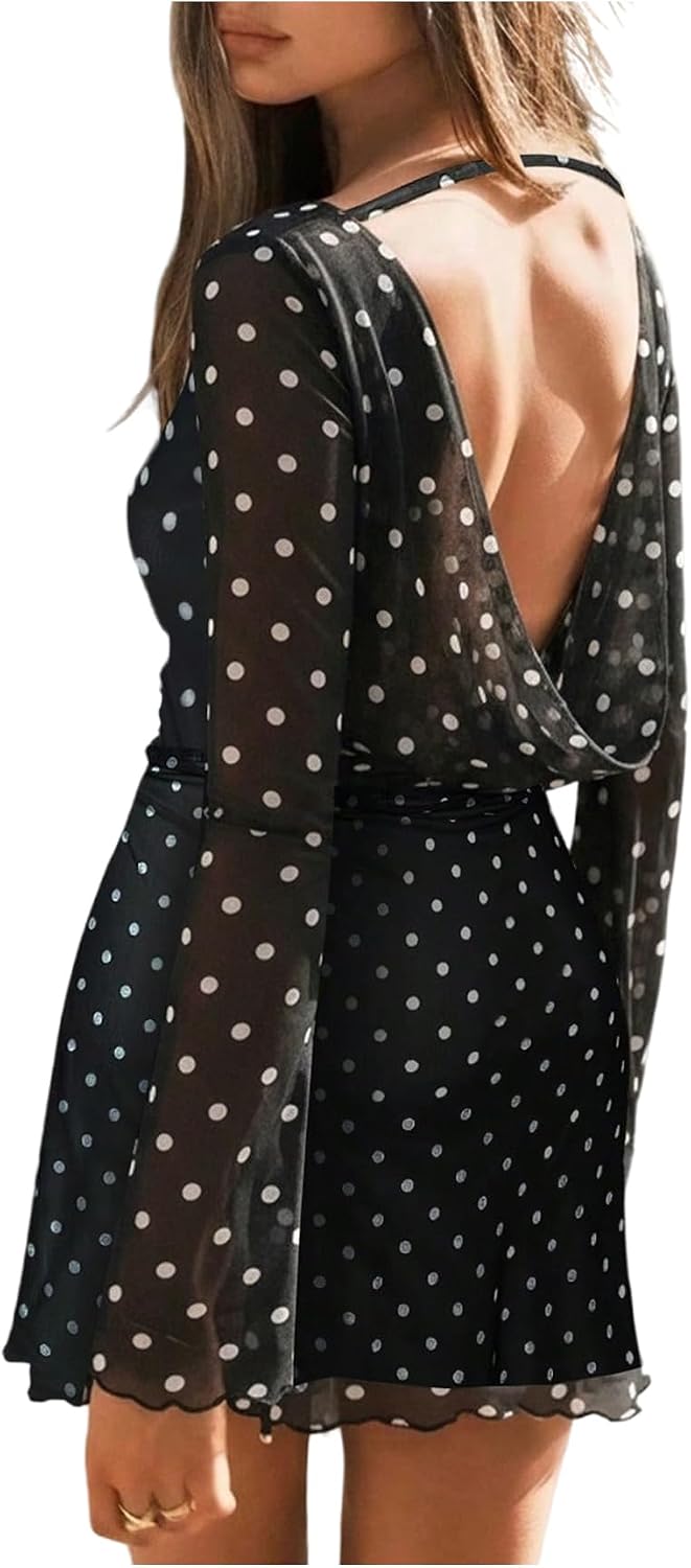 Animal print mesh mini dress with backless draped design and long sleeves