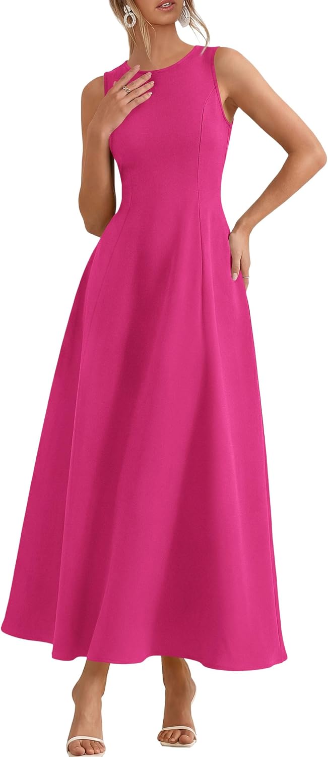 Sleeveless maxi tank dress with flared A-line skirt and pockets