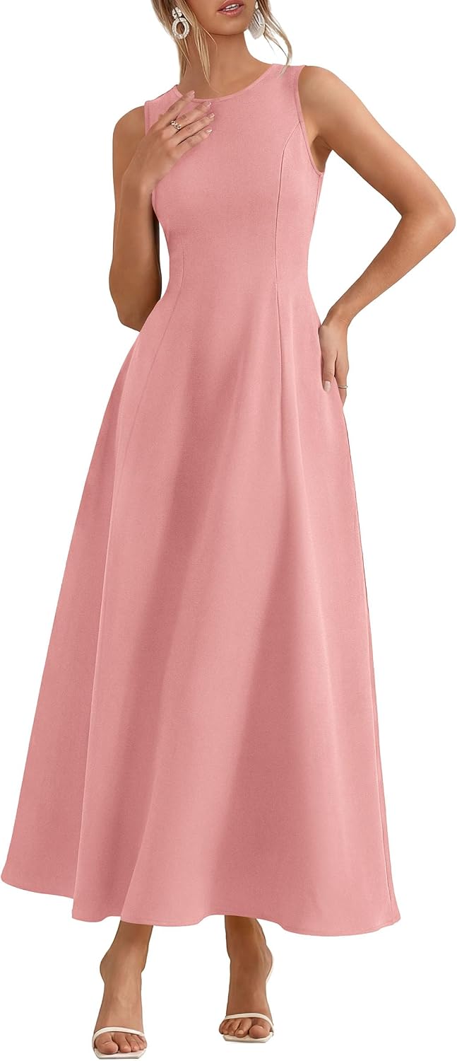 Sleeveless maxi tank dress with flared A-line skirt and pockets