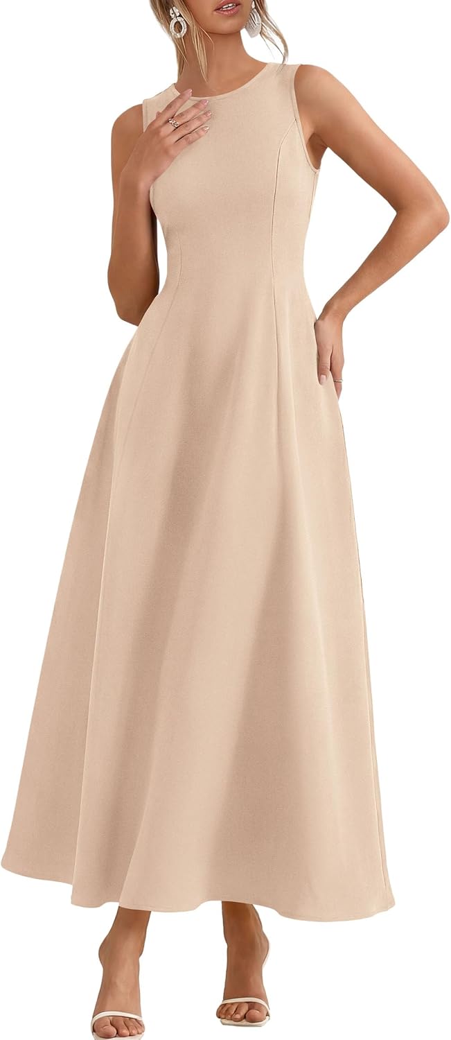 Sleeveless maxi tank dress with flared A-line skirt and pockets