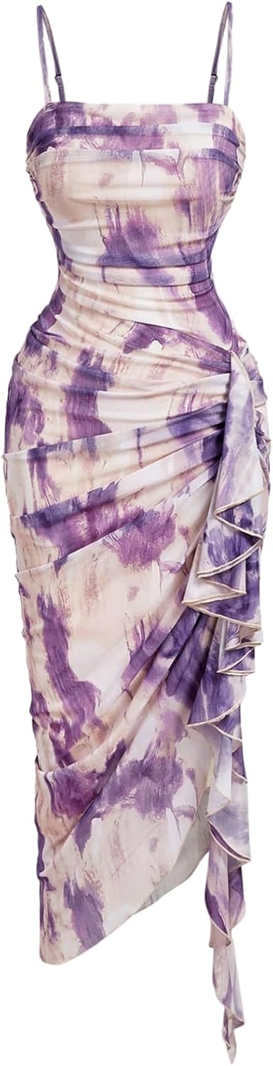 Floral mesh bodycon midi dress with high slit and ruched detailing