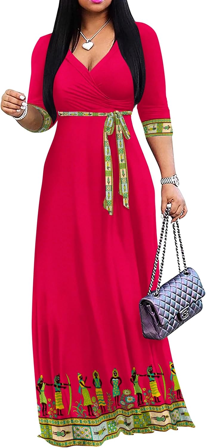 Wrap-style maxi dress with V-neck, 3/4 sleeves, and side pockets