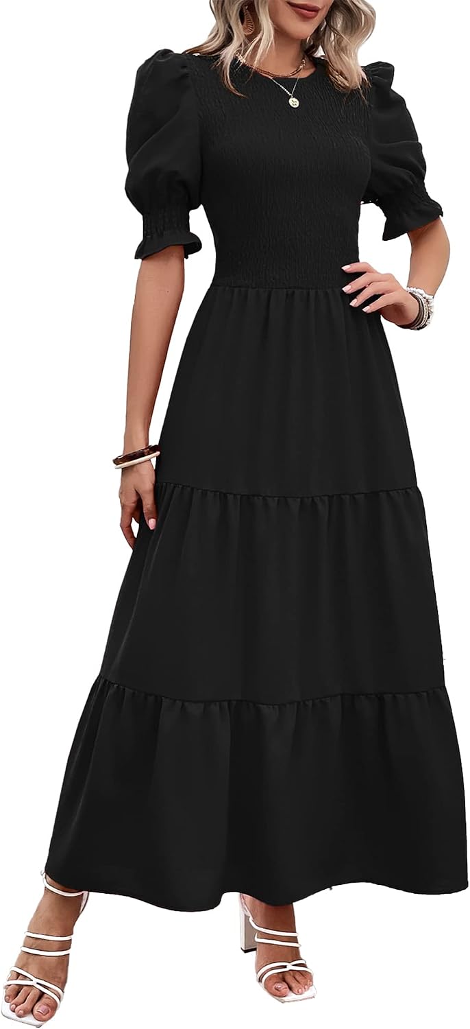 Smocked maxi dress with puff sleeves and tiered skirt