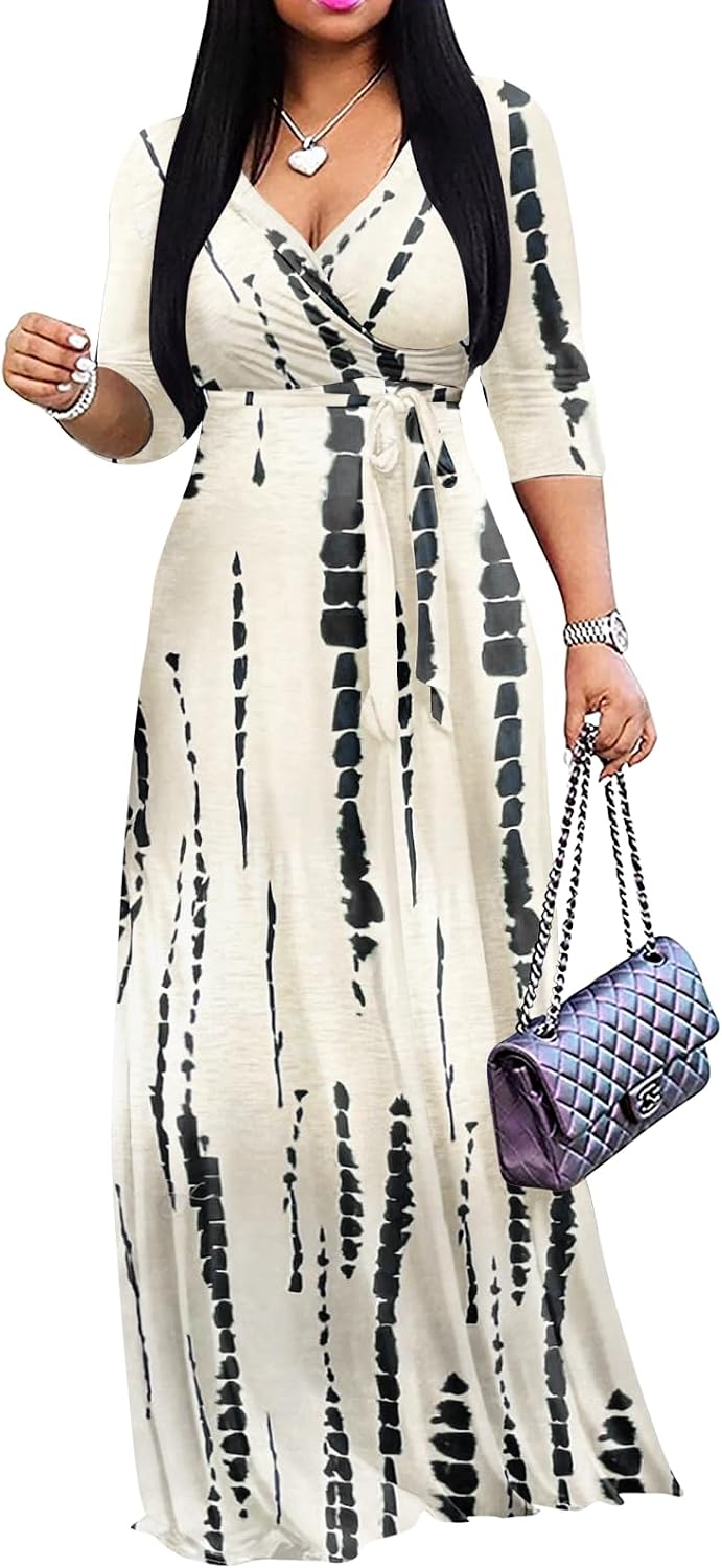 Wrap-style maxi dress with V-neck, 3/4 sleeves, and side pockets