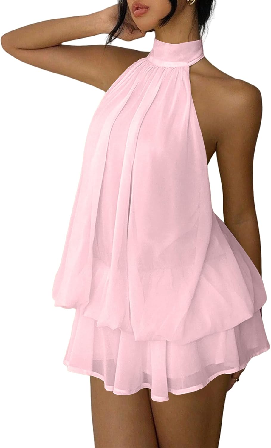 Chiffon halter mini dress with drop waist and ruffle detail