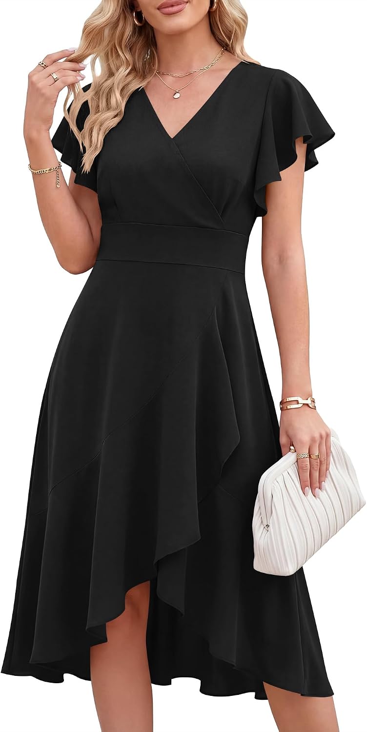 ANRABESS Womens Fall Wedding Guest Cocktail Semi Formal Wrap Midi Dresses | High-Low Ruffle Hem, V Neck A Line Flutter Sleeve, Elegant Classy, Ideal for Homecoming Prom, Evening Party