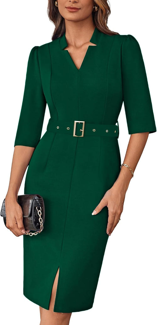 Close-up of V-neck and belt detail