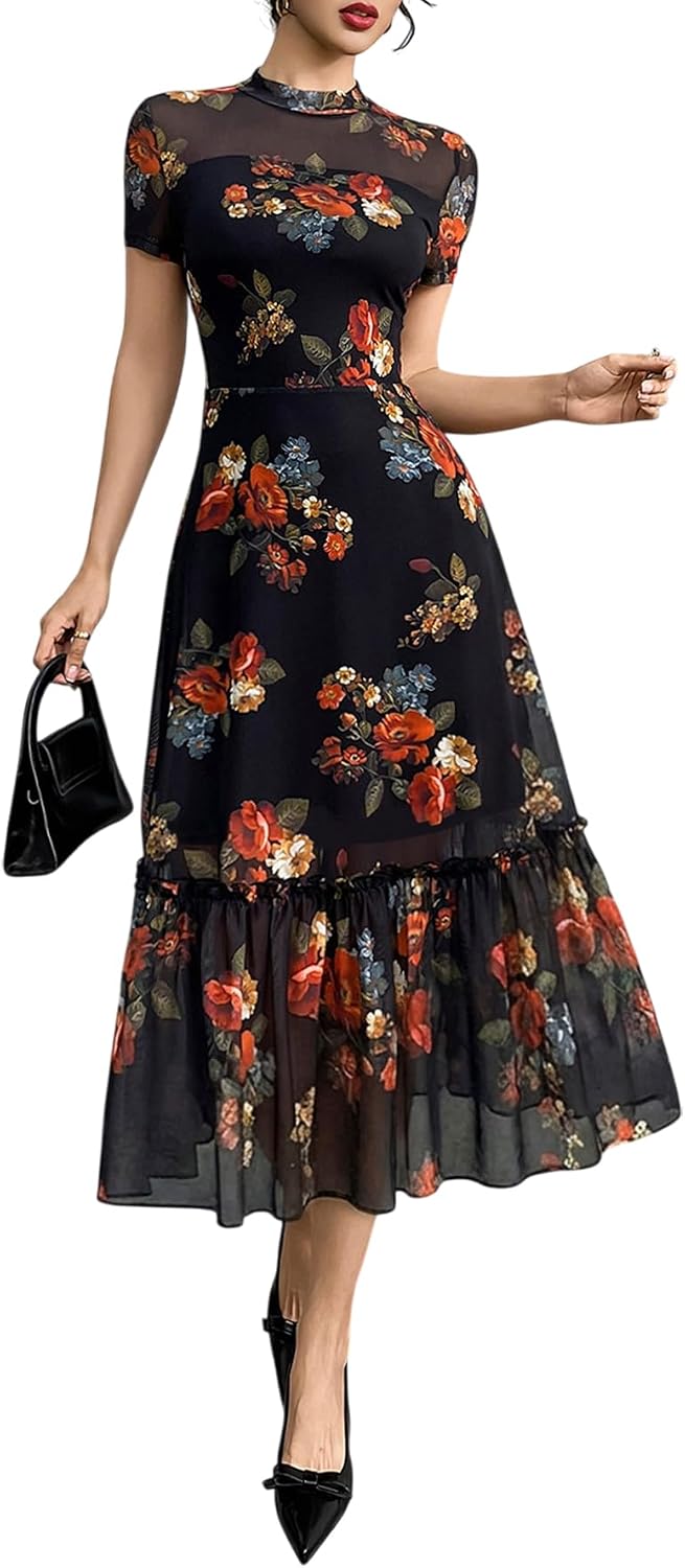 Floral mesh maxi dress with ruffle detail