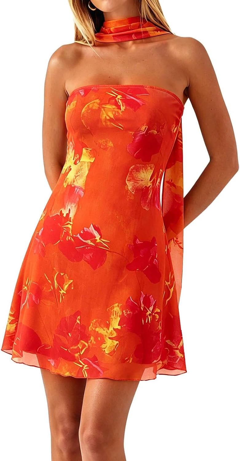 Floral strapless tube mini dress with sheer mesh scarf accent