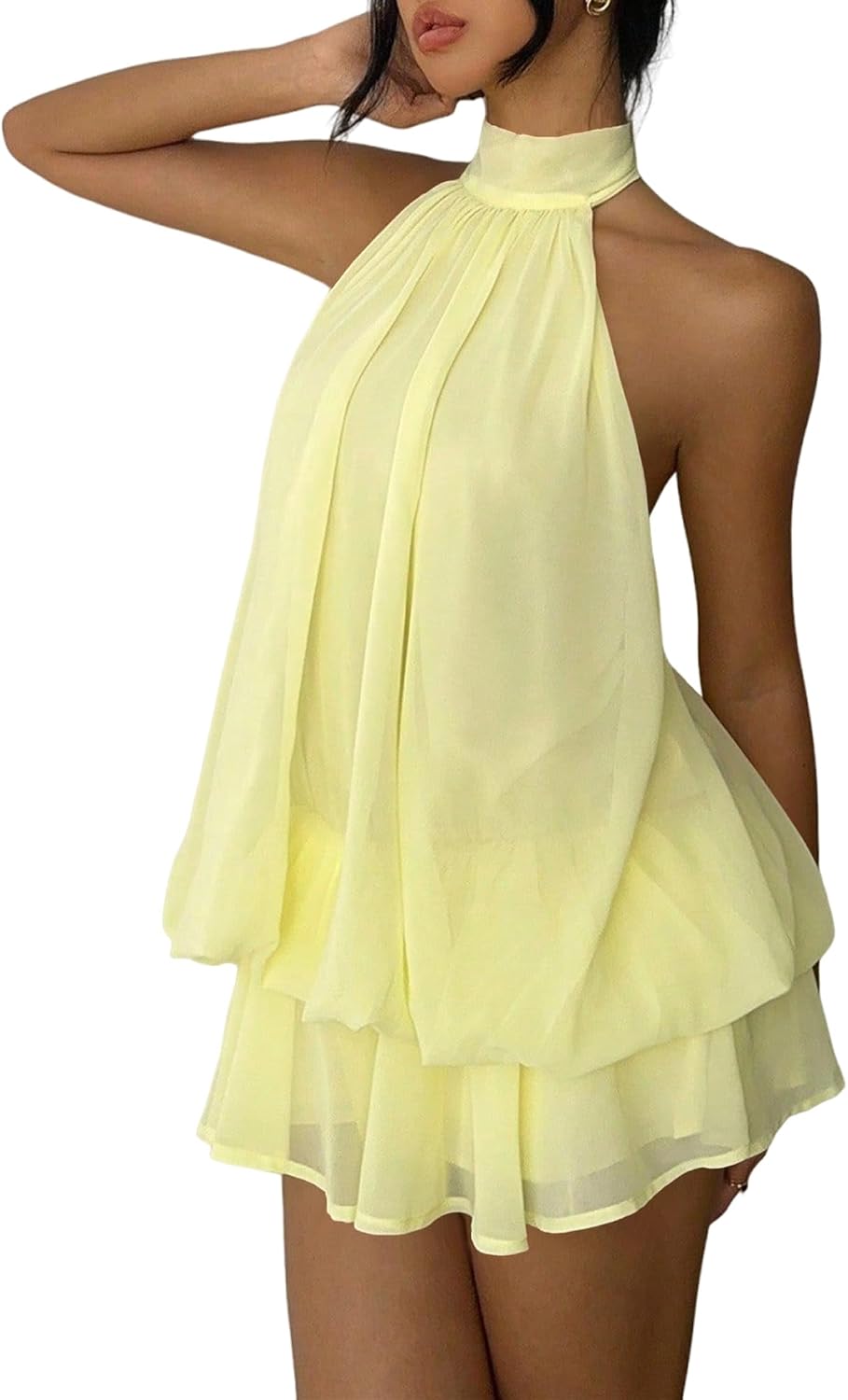 Chiffon halter mini dress with drop waist and ruffle detail