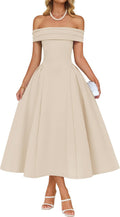 Off-shoulder cocktail dress with flowy A-line skirt and high waist