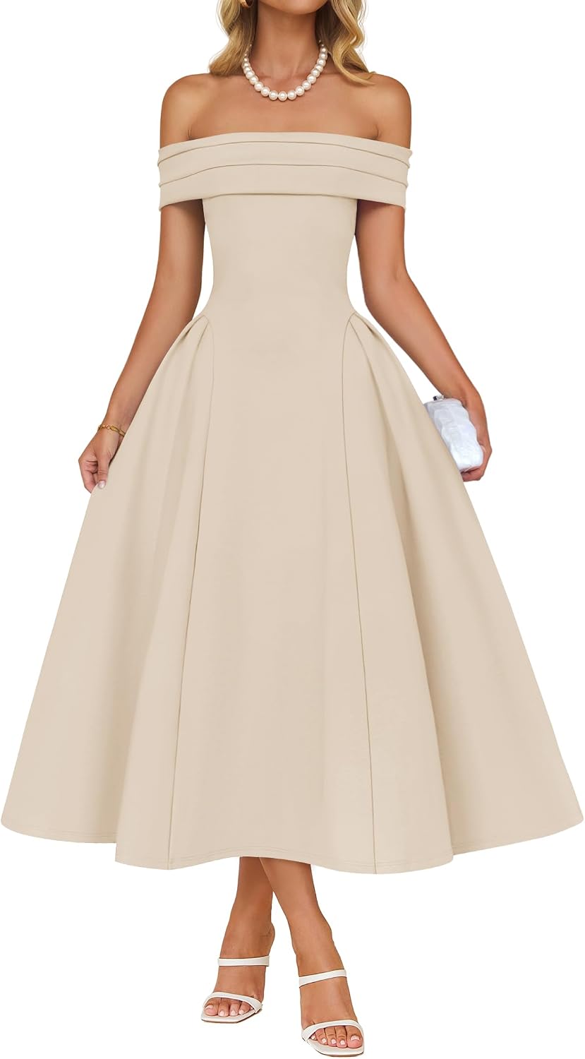 Off-shoulder cocktail dress with flowy A-line skirt and high waist