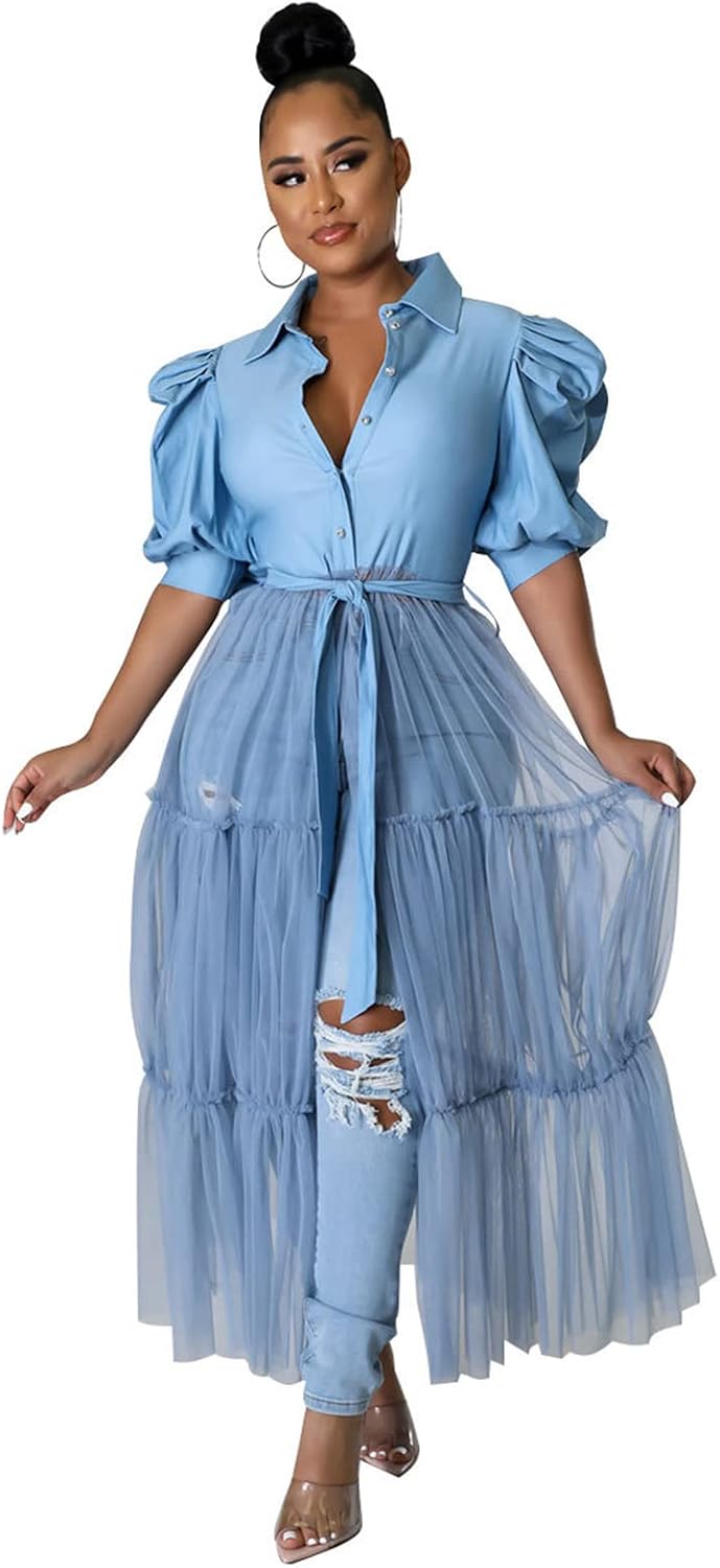 Ruffle tunic dress with belt and asymmetrical hem