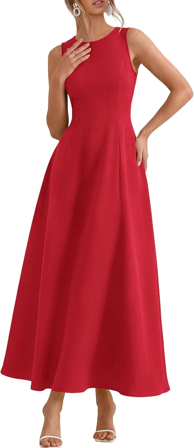 Sleeveless maxi tank dress with flared A-line skirt and pockets