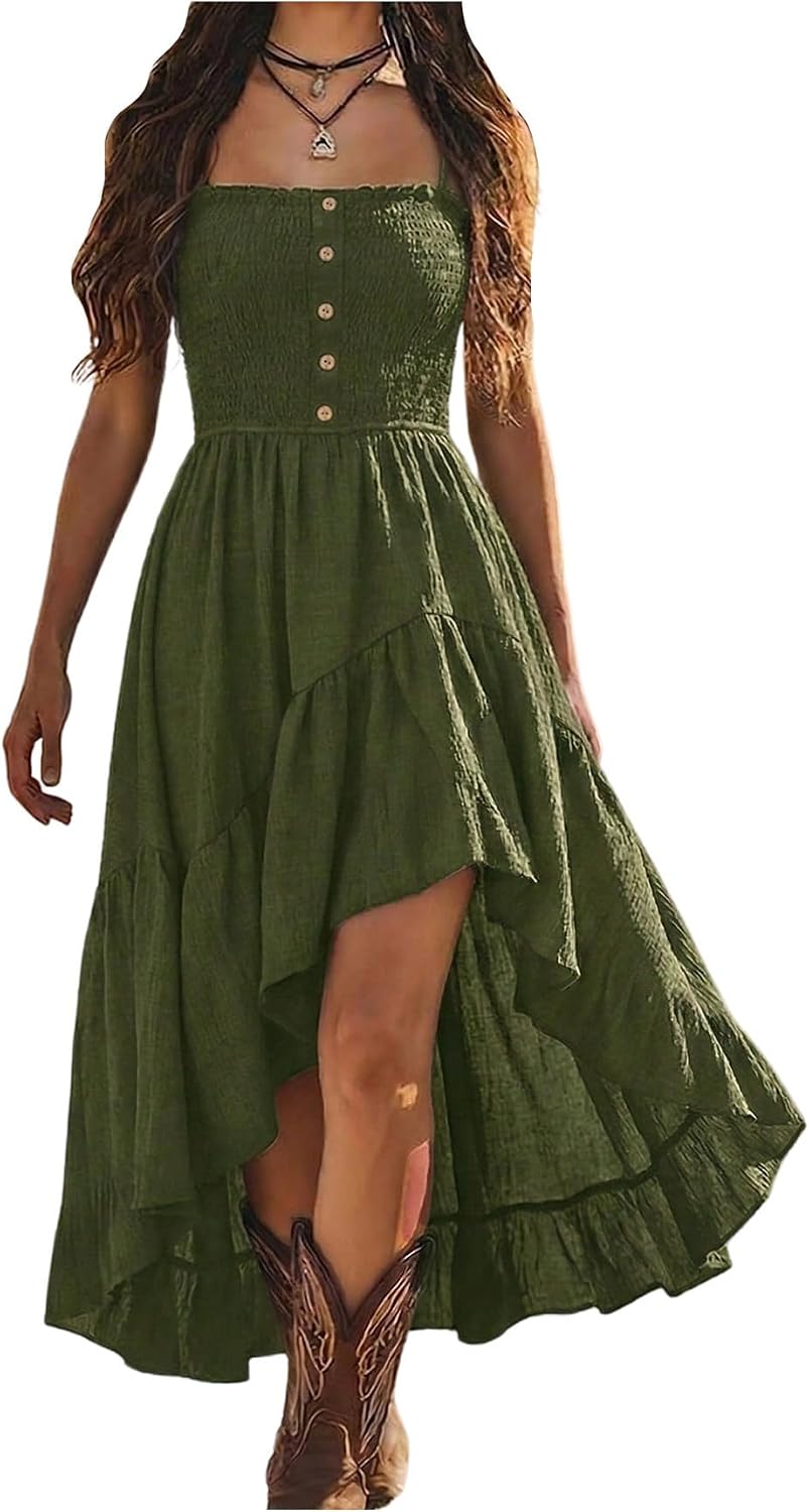 BEAUDRM Women's Western Long Dress Flowy Ruffle Boho Cowgirl Cami Dresses | Country Concert Outfit, Vacation Cowgirl Dress, High Low Hem, Vintage, Flowy, Sleeveless