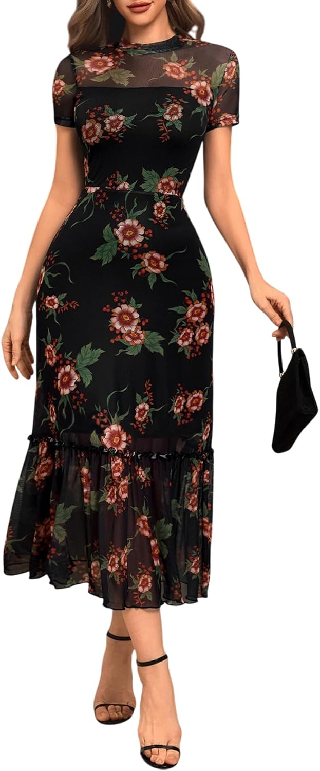 Floral mesh maxi dress with ruffle detail