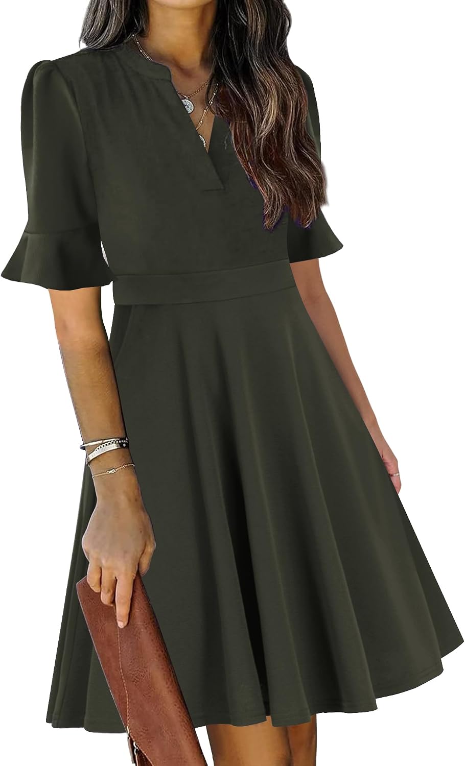 Ruffle sleeve fit-and-flare dress with V-neck and knee-length hem