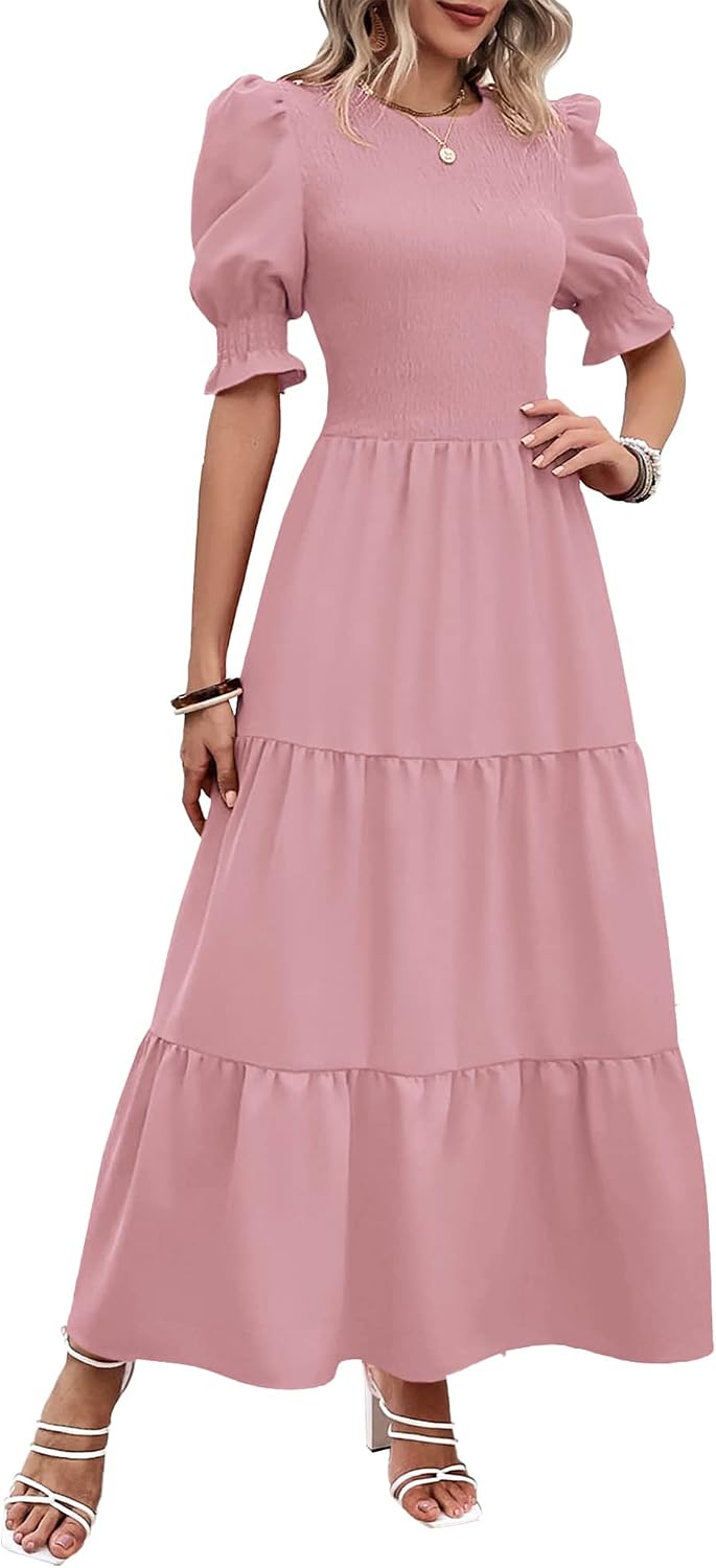 Smocked maxi dress with puff sleeves and tiered skirt