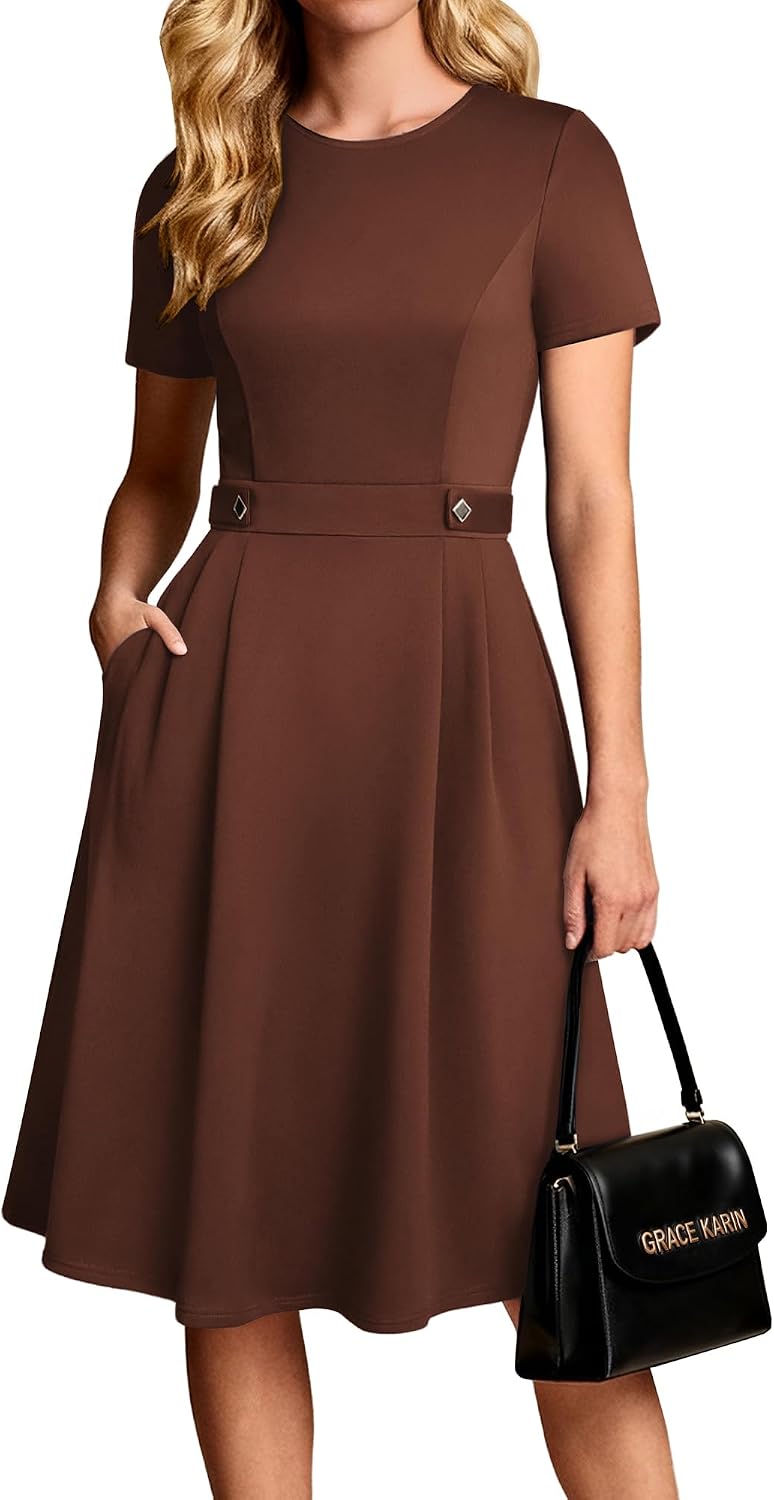 A-line midi dress with short sleeves and side pockets