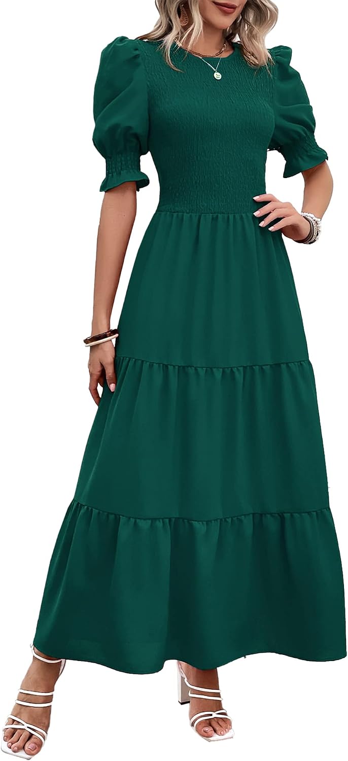 Smocked maxi dress with puff sleeves and tiered skirt